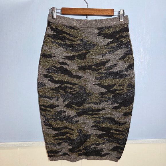 JL Jennifer Lopez Medium Green Black Metallic Camo Pull On Knee Length Skirt - Picture 5 of 9